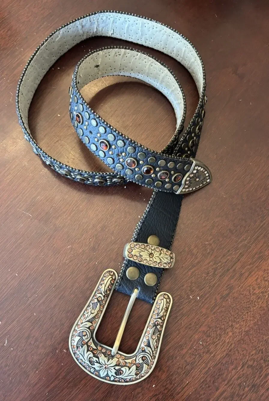 Women’s Western Black Leather Crystal Belt Size L Vintage Cowgirl Biker